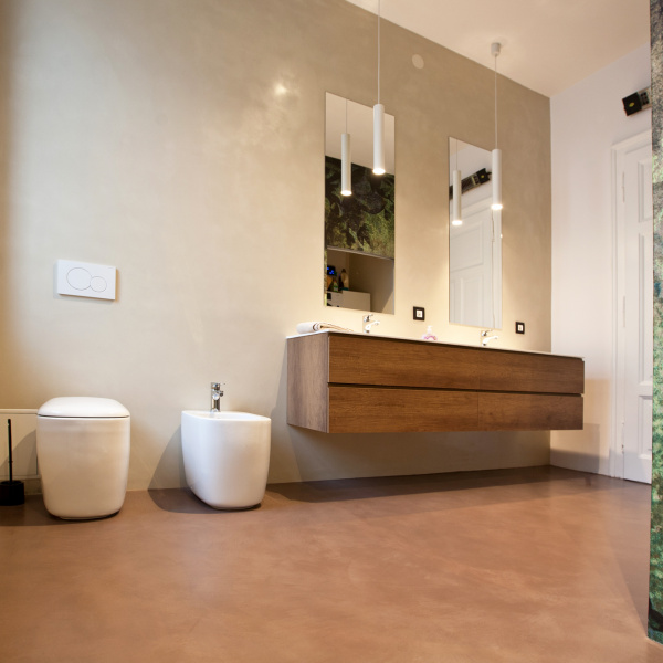 Microverlay®, low thickness concrete resin floor autumn brown finish. Private villa, Rijeka, Croatia