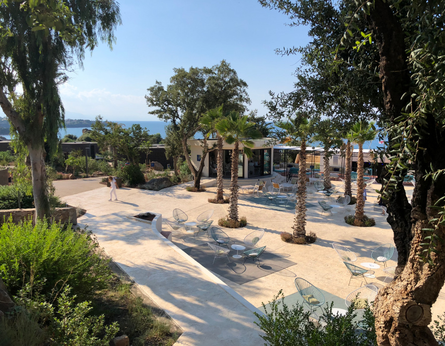 Plam Stampable, stamped concrete floor champagne color, cool white  shades. ClubMed. Cefalù, Italy