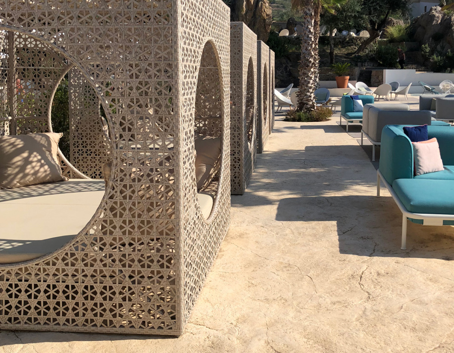 Plam Stampable, stamped concrete floor champagne color, cool white  shades. ClubMed. Cefalù, Italy