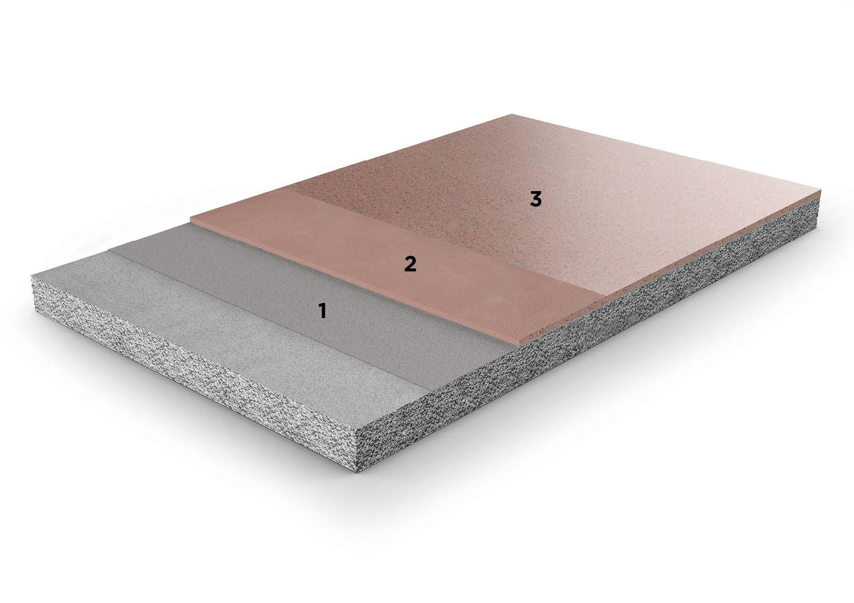 Render showing the steps to create a low-thickness terrazzo-style floor, ideal for renovations and design surfaces.